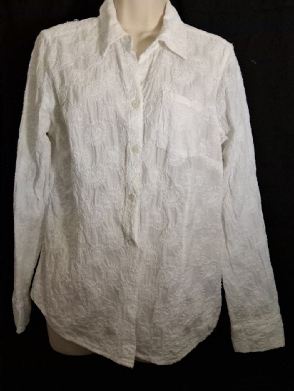Charter Club White Long-Sleeve Embroidered Button-Up Blouse 100 % Cotton